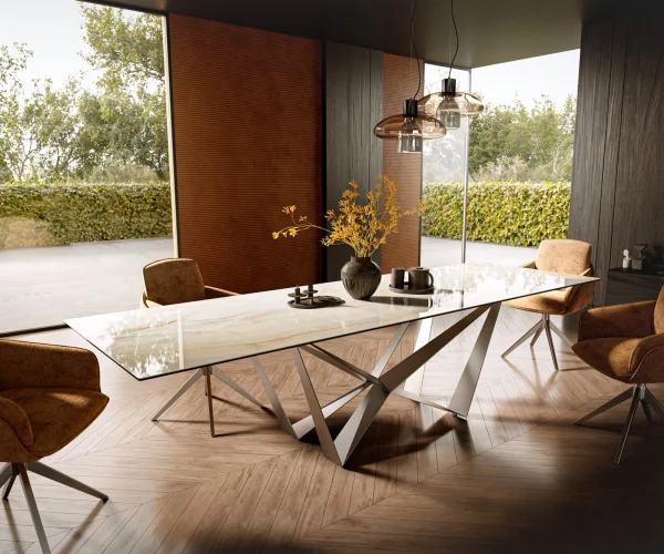 Esstisch Edge 300x100 Keramik Laminam® Onice Oro ?Spider Flachstahl Edelstahl