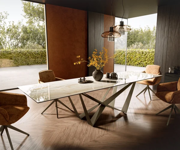 Esstisch Edge 300x100 Keramik Laminam® Onice Oro ?Spider Metall Effektfinish Titan