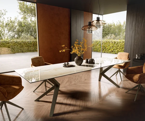Esstisch Edge 300x100 Keramik Laminam® Onice Oro ?Zenthara kantig Metall Effektfinish Titan