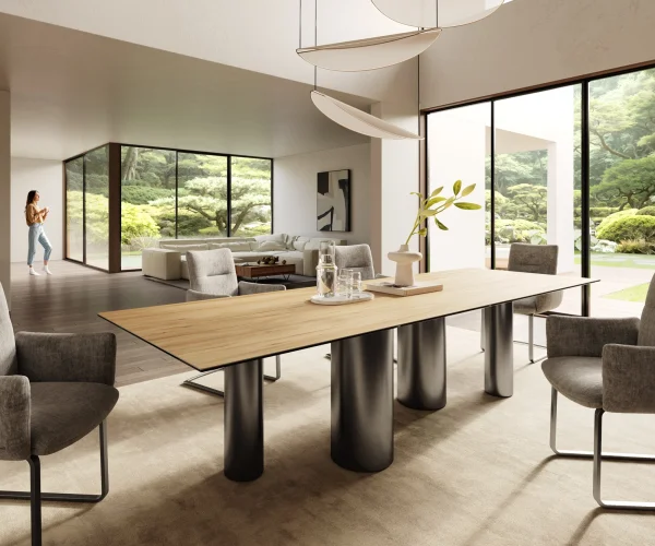 Esstisch Edge 300x100 Keramik Laminam® Sabbia Eichefarbig Pilier Edelstahl Graphit
