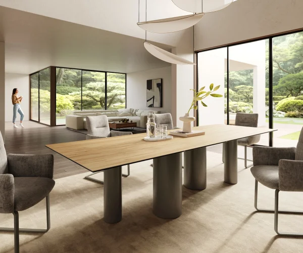 Esstisch Edge 300x100 Keramik Laminam® Sabbia Eichefarbig Pilier Metall Effektfinish Titan