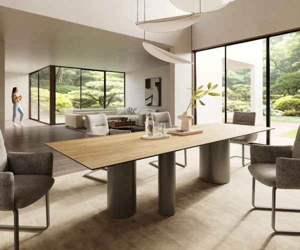 Esstisch Edge 300x100 Keramik Laminam® Sabbia Eichefarbig Troa Metall Effektfinish Titan