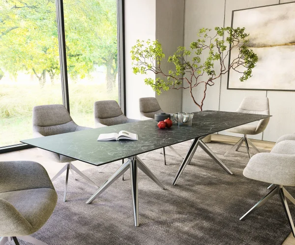 Esstisch Edge 300x100 Keramik Laminam®Nero Greco Anthrazit Estelar rund Edelstahl