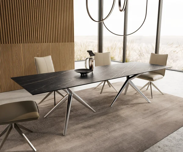 Esstisch Edge 300x100 Keramik Laminam®Noir Desir Braun Estelar rund Edelstahl