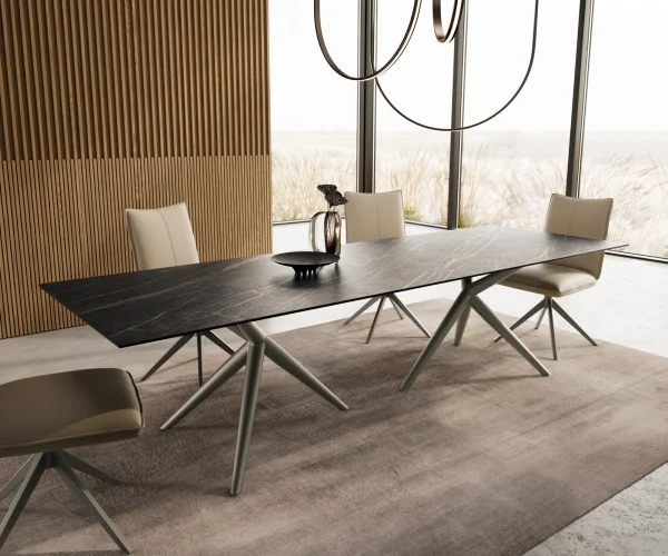 Esstisch Edge 300x100 Keramik Laminam®Noir Desir Braun Estelar rund Metall Effektfinish Titan