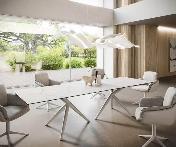 Esstisch Edge 300x100 Keramik Laminam®Statuarietto Weiß Estelar rund Metall Weiß