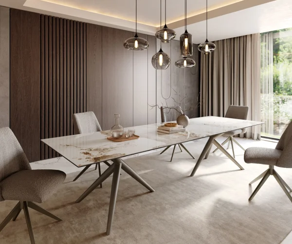 Esstisch Edge 300x100 Keramik Minas Melange Weiß-Beige Estelar rund Metall Effektfinish Titan
