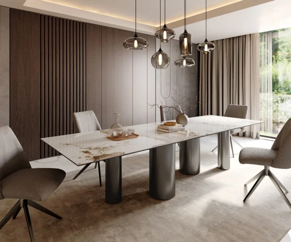 Esstisch Edge 300x100 Keramik Minas Melange Weiß-Beige Pilier Edelstahl Graphit
