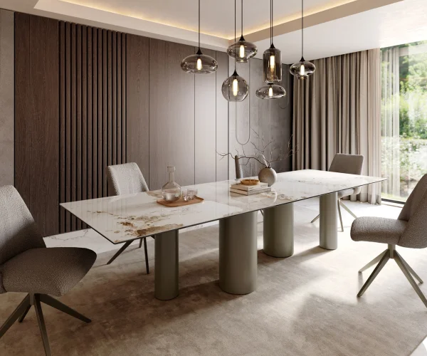 Esstisch Edge 300x100 Keramik Minas Melange Weiß-Beige Pilier Metall Effektfinish Titan