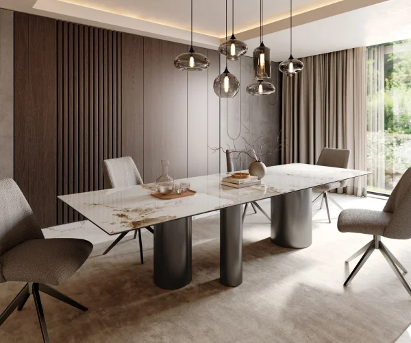 Esstisch Edge 300x100 Keramik Minas Melange Weiß-Beige Troa Edelstahl Graphit