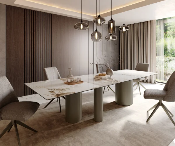 Esstisch Edge 300x100 Keramik Minas Melange Weiß-Beige Troa Metall Effektfinish Titan