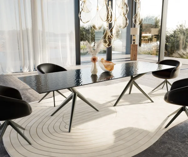 Esstisch Edge 300x100 Reliefglas Rauchschwarz 3D-Design Estelar rund Metall Effektfinish Titan