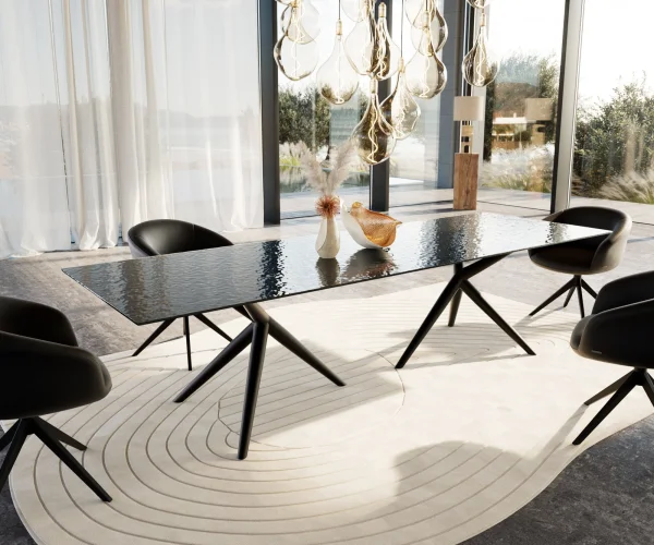 Esstisch Edge 300x100 Reliefglas Rauchschwarz 3D-Design Estelar rund Metall Schwarz