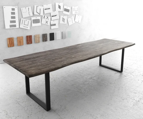 Esstisch Edge 300x100 XL Akazie Platin Metall Schmal schwarz Live-Edge