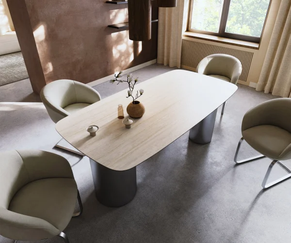 Esstisch Edge Boot 200x100 Keramik Laminam® Travertino Bianco Creme-Weiß Troa Edelstahl gebürstet