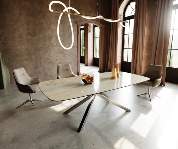 Esstisch Edge Boot 240x120 cm Keramik Iris FMG Onice Oro Kreuzgestell Rechteck Edelstahl