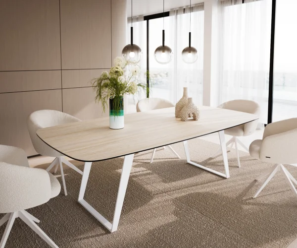 Esstisch Edge Boot 240x120 cm Keramik Travertin Natur Metall Schräg Weiß