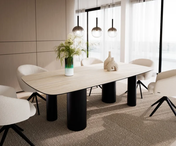 Esstisch Edge Boot 240x120 cm Keramik Travertin Natur Pilier Metall Schwarz