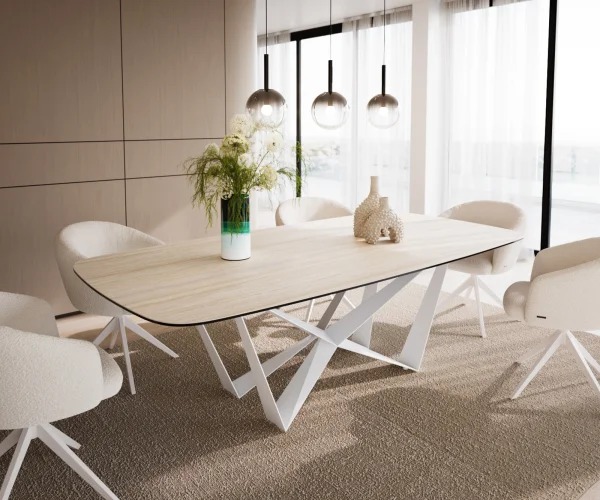 Esstisch Edge Boot 240x120 cm Keramik Travertin Natur Spider Metall Weiß