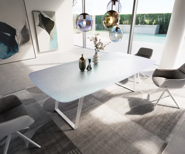 Esstisch Edge Boot 240x120 cm Reliefglas Perlmutt 3D-Design Metall Schräg Weiß