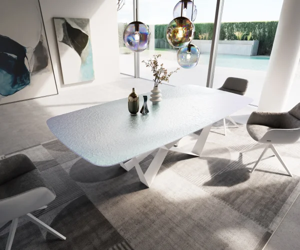 Esstisch Edge Boot 240x120 cm Reliefglas Perlmutt 3D-Design Spider Metall Weiß