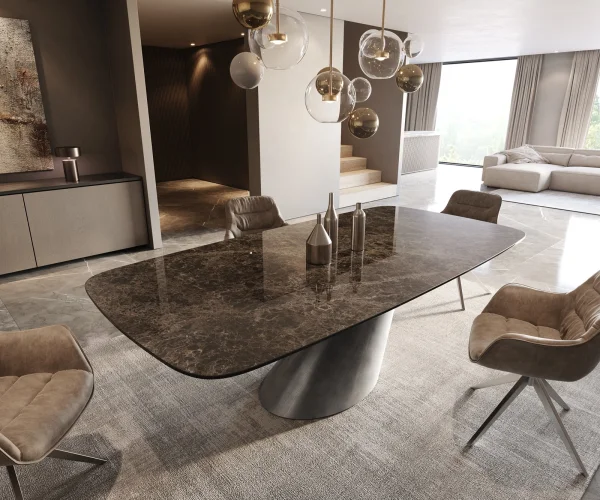 Esstisch Edge Boot 240x120 Keramik Laminam® Emperador Extra Lucidato Dunkelbraun Cono Metallic Silber