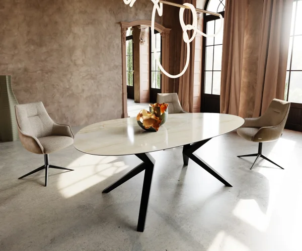 Esstisch Edge Oval 220x120 Keramik Iris FMG Onice Oro Zenthara kantig Metall Schwarz