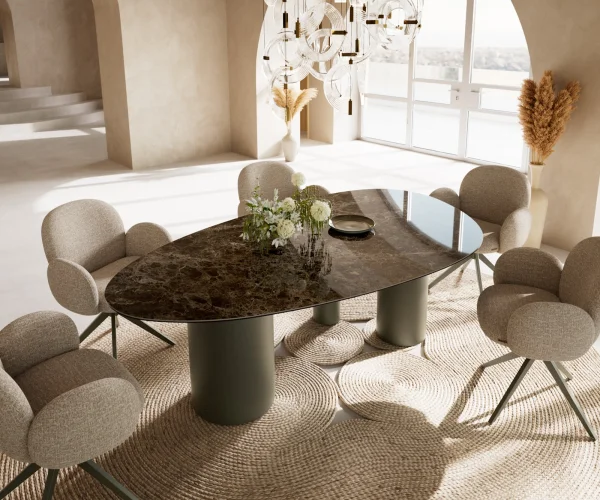 Esstisch Edge Oval 220x120 Keramik Laminam® Emperador Extra Lucidato Dunkelbraun Troa Metall Effektfinish Titan