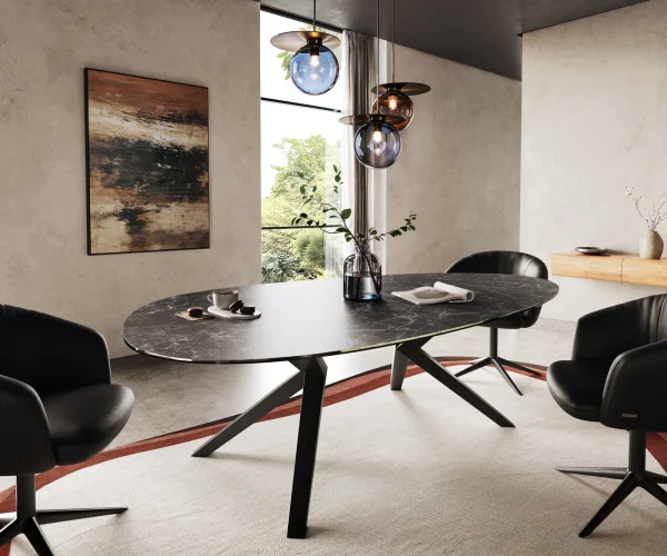 Esstisch Edge Oval 220x120 Keramik Laminam® Nero Greco Anthrazit Zenthara kantig Metall Schwarz