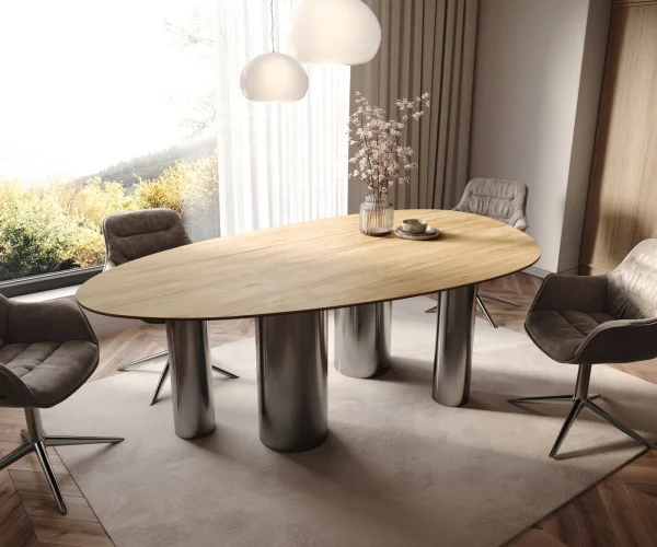 Esstisch Edge Oval 220x120 Keramik Laminam® Sabbia Eichefarbig Pilier Edelstahl Graphit
