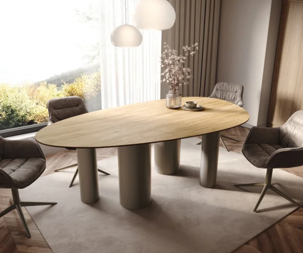 Esstisch Edge Oval 220x120 Keramik Laminam® Sabbia Eichefarbig Pilier Metall Effektfinish Titan
