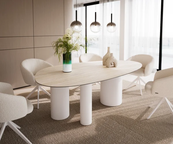 Esstisch Edge Oval 220x120 Keramik Laminam® Travertino Bianco Creme-Weiß Troa Metall Weiß