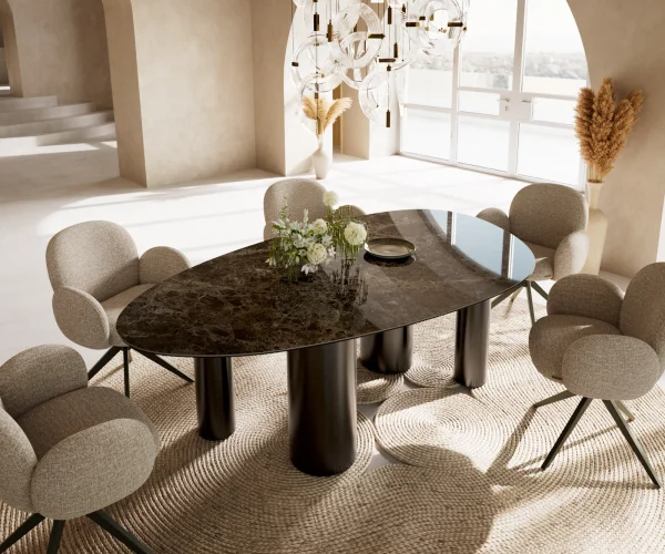 Esstisch Edge Oval 220x120 Keramik Laminam®Emperador Extra Lucidato Dunkelbraun Pilier Edelstahl Graphit