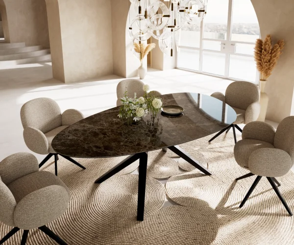 Esstisch Edge Oval 220x120 Keramik Laminam®Emperador Extra Lucidato Dunkelbraun Zenthara kantig Metall Schwarz