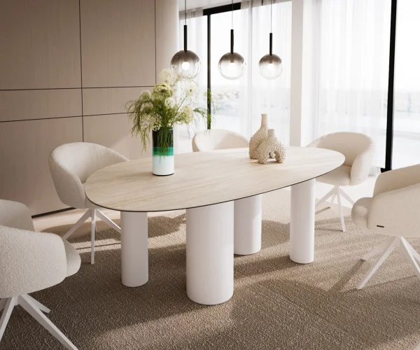 Esstisch Edge Oval 220x120 Keramik Laminam®Travertino Bianco Creme-Weiß ?Pilier Metall Weiß
