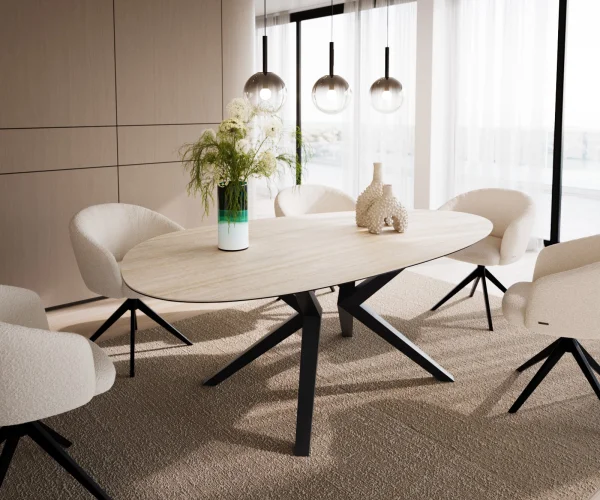 Esstisch Edge Oval 220x120 Keramik Laminam®Travertino Bianco Creme-Weiß? Zenthara kantig Metall Schwarz