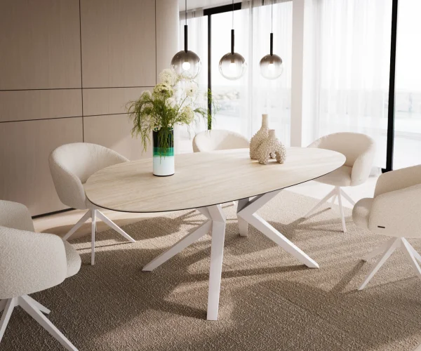 Esstisch Edge Oval 220x120 Keramik Laminam®Travertino Bianco Creme-Weiß? Zenthara kantig Metall Weiß