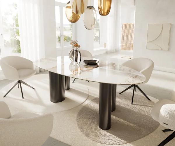 Esstisch Edge Oval 220x120 Keramik Minas Melange Weiß-Beige Pilier Edelstahl Graphit