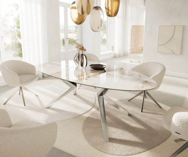 Esstisch Edge Oval 220x120 Keramik Minas Melange Weiß-Beige Zenthara kantig Edelstahl