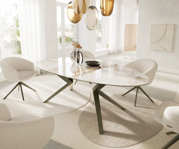 Esstisch Edge Oval 220x120 Keramik Minas Melange Weiß-Beige Zenthara kantig Metall Effektfinish Titan