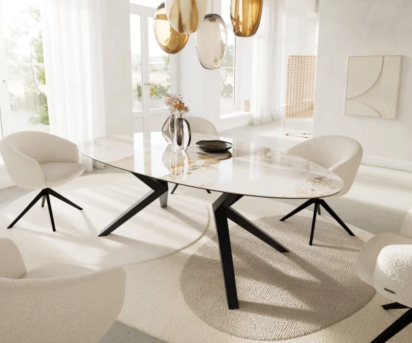 Esstisch Edge Oval 220x120 Keramik Minas Melange Weiß-Beige Zenthara kantig Metall Schwarz
