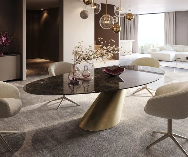 Esstisch Edge Oval 280x130 Keramik Laminam® Emperador Extra Lucidato Dunkelbraun Cono Metallic Gold