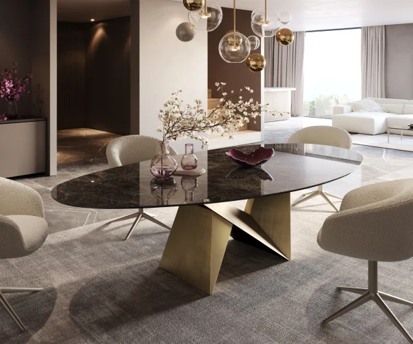 Esstisch Edge Oval 280x130 Keramik Laminam® Emperador Extra Lucidato Dunkelbraun Origami Metallic Gold