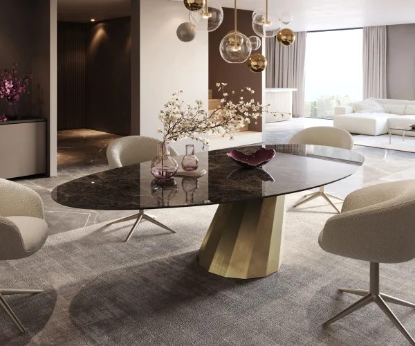 Esstisch Edge Oval 280x130 Keramik Laminam® Emperador Extra Lucidato Dunkelbraun Parabel Metallic Gold