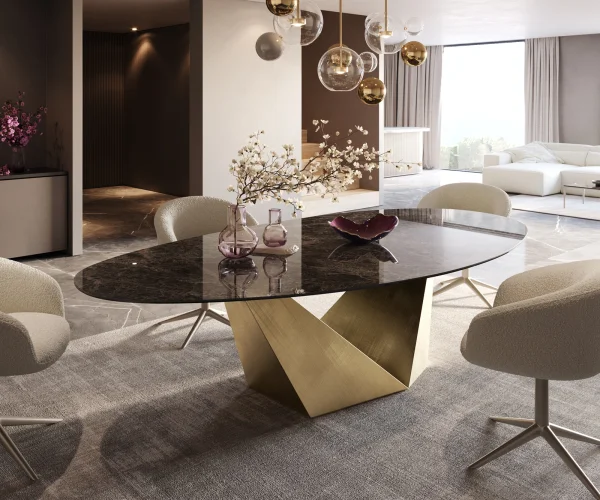 Esstisch Edge Oval 280x130 Keramik Laminam® Emperador Extra Lucidato Dunkelbraun Prisma Metallic Gold