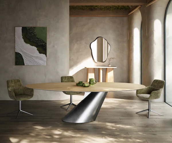 Esstisch Edge Oval 280x130 Keramik Laminam® Sabbia Eichefarbig Cono Metallic Silber