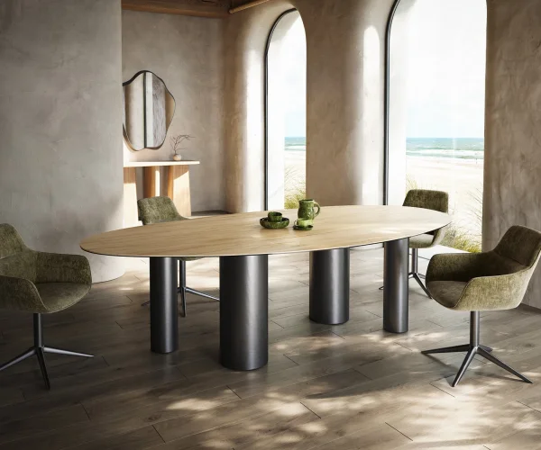 Esstisch Edge Oval 280x130 Keramik Laminam® Sabbia Eichefarbig Pilier Edelstahl Graphit