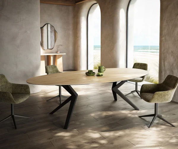 Esstisch Edge Oval 280x130 Keramik Laminam® Sabbia Eichefarbig Zenthara kantig Metall Schwarz