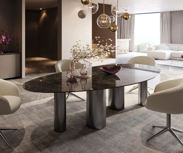 Esstisch Edge Oval 280x130 Keramik Laminam®Emperador Extra Lucidato Dunkelbraun Pilier Edelstahl Graphit