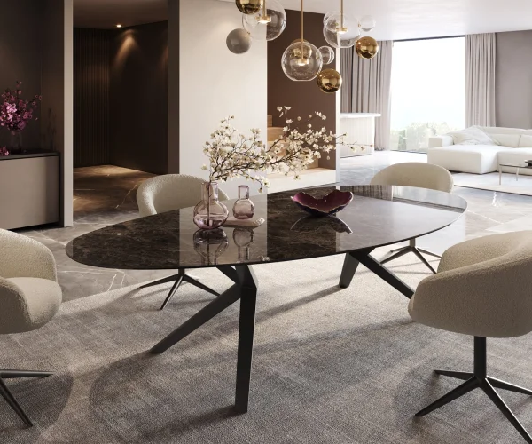 Esstisch Edge Oval 280x130 Keramik Laminam®Emperador Extra Lucidato Dunkelbraun Zenthara kantig Metall Schwarz